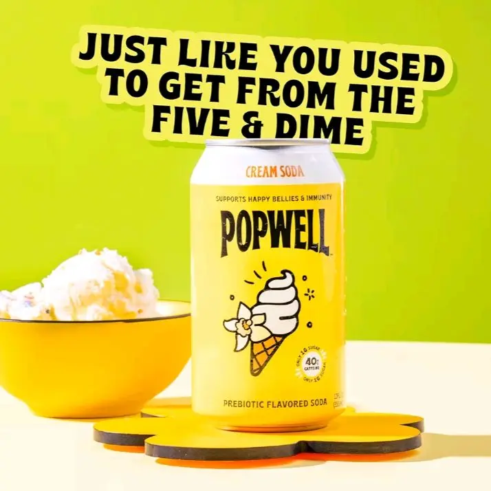 Popwell Caffeinated Prebiotic Cream Soda - Better-For-You Beverage with 6g Fiber, 1g Sugar, Vitamins, Immunity Support - 12 fl oz Cans (Pack of 12)