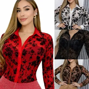 M 11-29 Sheer Black Floral Mesh Button-Up Blouse – Elegant See-Through Statement Top