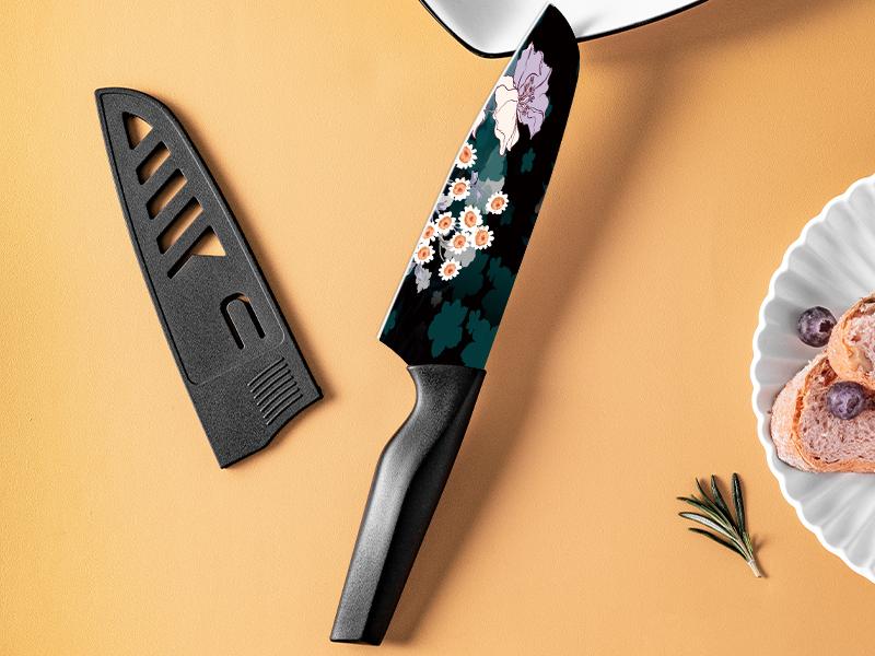 Astercook Knife Set - Colorful 6 Rust Resistant Coated Stainless Steel Kitchen Knives with 6 Edge Guards, Ergonomic Chef's Knife Modern Cutting Block