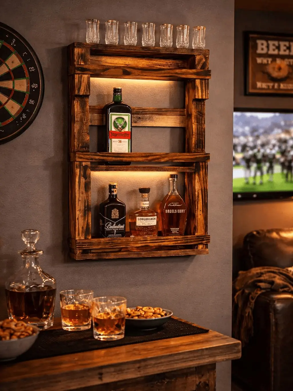 Rustic Whiskey Barrel Shelf | Farmhouse Bar Decor, Bourbon Display, Solid Wood Wall Mount