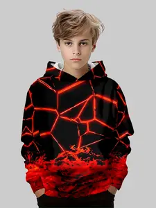 Boys' Volcanic Crack Fluorescent Hoodie, Cool Dark Style Casual Sweatshirt, Spring Fall Winter Outdoor Loose Fit Long Top