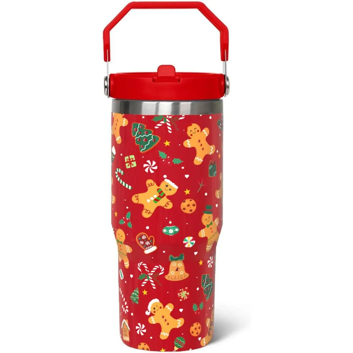 30 oz Classic Insulated Stainless Steel Transparent Gingerbread Flip Tumbler - Portable Women's Travel Coffee Bottle with Lid, Straw - Kitchenware Drinkware Accessory for Birthday Gifting