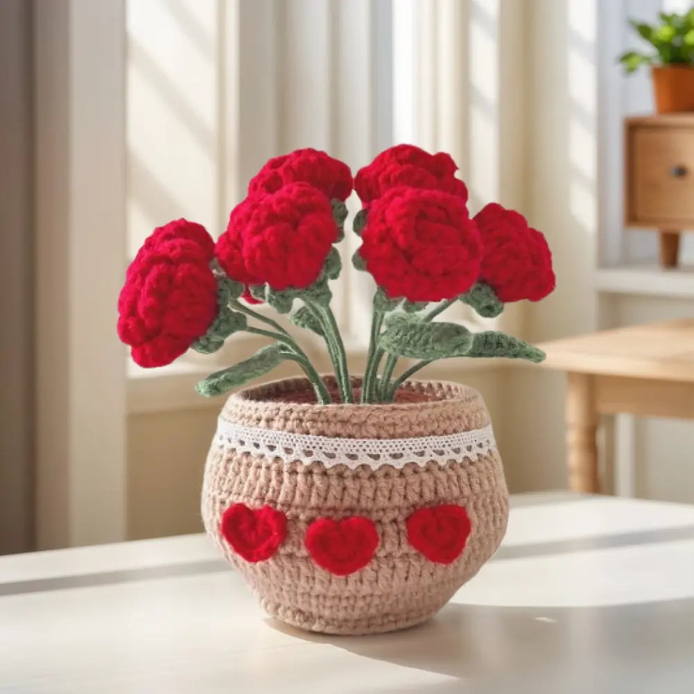 DIY Flower Potted Fiber Art Crochet Craft Kit - 10x20cm Cute Red Rose Motif, Sustainable Wool Yarn, Easy Tutorial for Kids, Handcrafted Finish