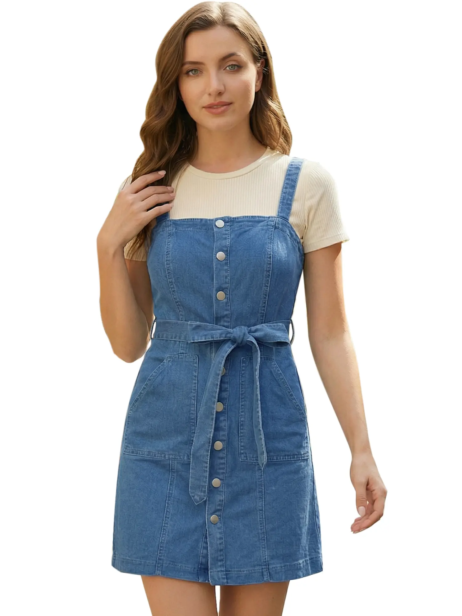 INSPIRE CHIC Classic Jean Dresses Adjustable Strap A-Line Denim Overall Dress