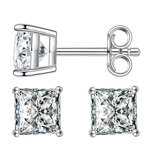 S925 Princess Cut Synthetic Moissanite Fashionable Shiny Stud Earrings Birthday Wedding Anniversary Perfect Gifts for Women Girls Women Sturdy Minimalist Accessories