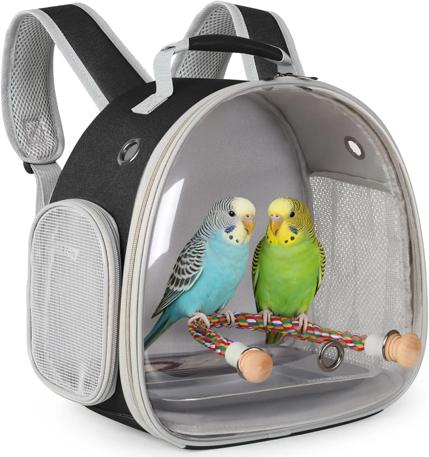 Small Bird Travel Backpack Carrier Cage, Backpack to Transport Backpack Carrier with Metal Tray Stand Perch for Parakeet Cockatiel Budgies Vet Carry Book Bag Black