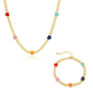 Aprilery Rainbow Enamel Heart Necklace & Bracelet Set Gold Tone Colorful Chunky Chain Jewelry Gift for Her