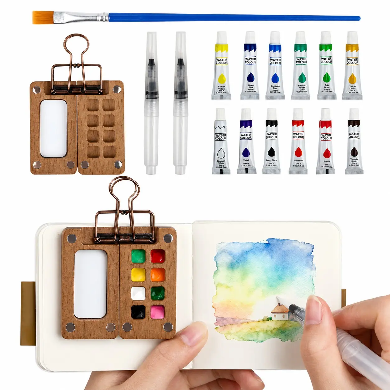 Mini Watercolor Paint Set with 12 Colors, Wooden Palette - 3 Brushes, 1 Sketchbooks & Portable Watercolor Kit for Travel, Pocket Painting Kit - Compact Design for Artists and Creative Sketching & Gifts, Watercolor Painting Supplies, Art Supply