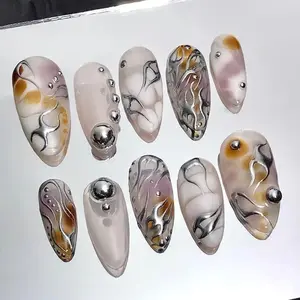 3D Metallic Silver Art Almond Press On Nails Goth, Custom Gothic Fake Nails, Punk Glue On Nails, Emo Y2K Nails