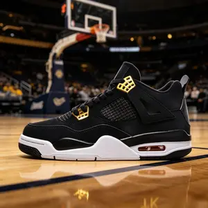 Men's Retro Basketball Sneakers - Black with Gold Accents, Breathable Mesh & Air Cushion Sole Athletic Shoes
