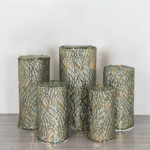 Set of 5 Hunter Green Wave Mesh Cylinder Pillar Prop Covers with Embroidered Sequins, Premium Emerald Pedestal Stand Covers - 160 GSM