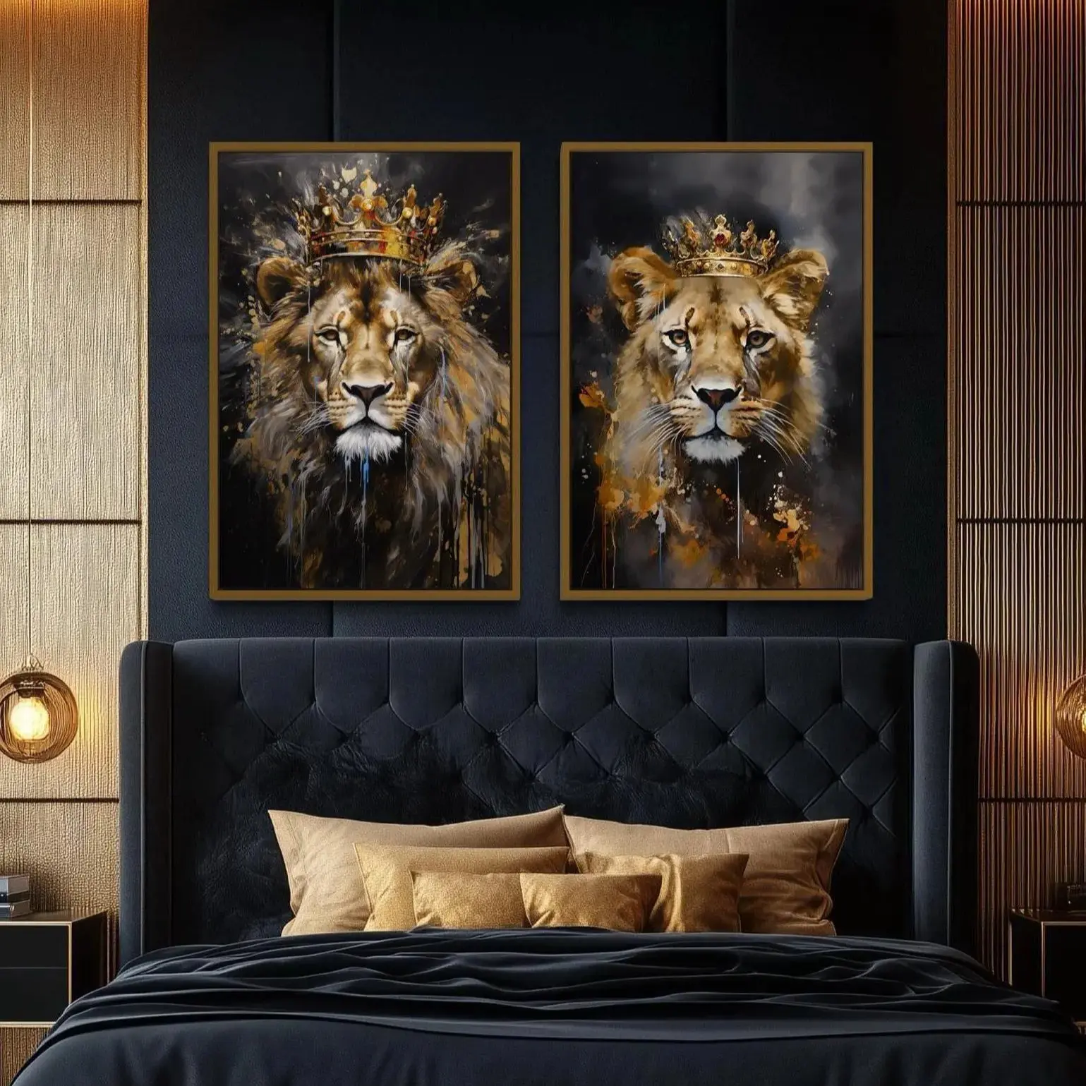 King & Queen Lion Canvas Art Set of Two, Gold Accents Romantic Couple Bedroom Wall Poster, Art Prints, Home Decor, Modern Style, Made in China