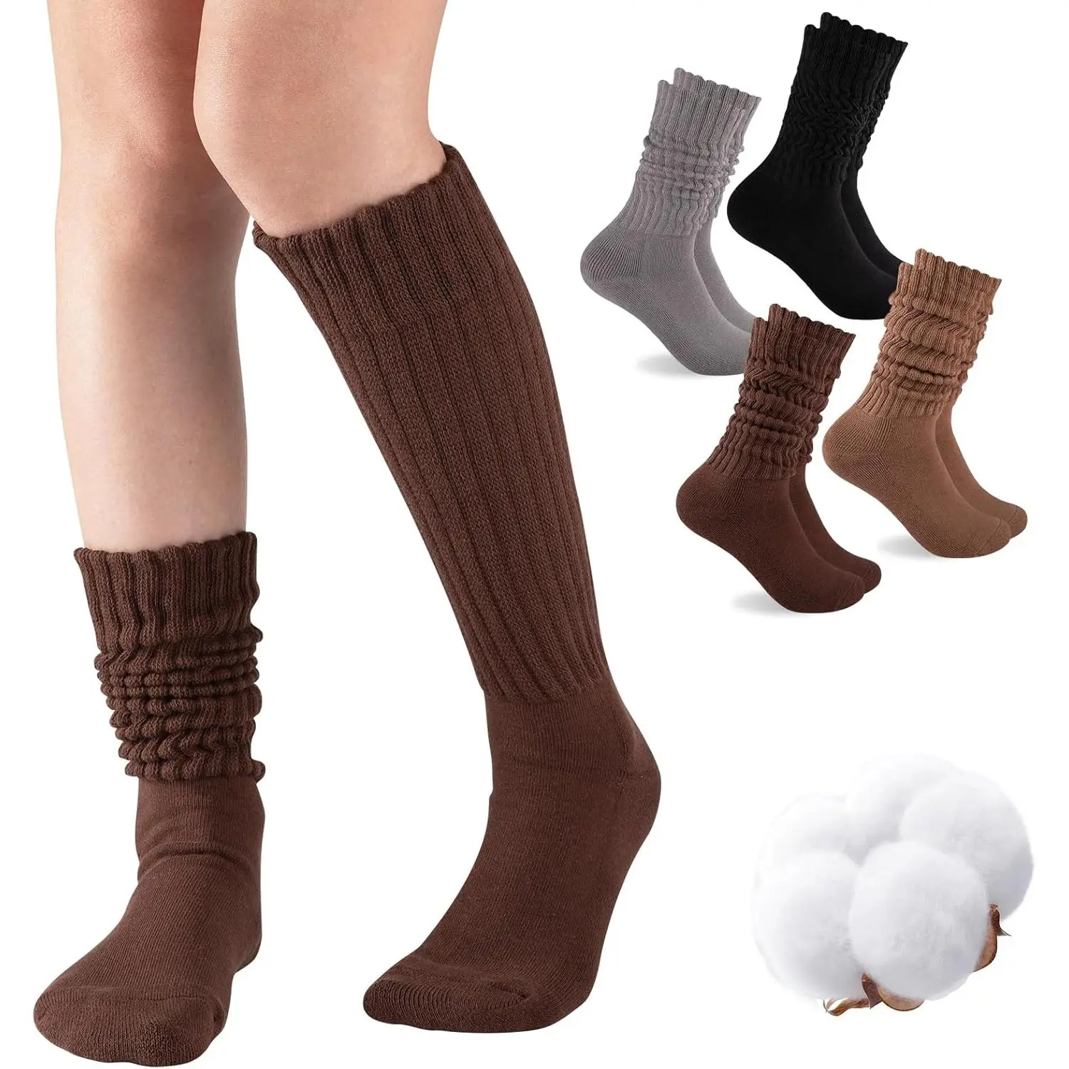 Women's Slouch Socks, 4 Pairs Cute Knee-High Knitted Cotton Blend with Elastane, Stretchy with Soft Cushioned Soles, Casual, Four Pairs
