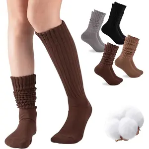 Slouch Socks Women 4 Pairs Knee High Scrunch Cotton Soft Knit Cushion Extra Long Socks