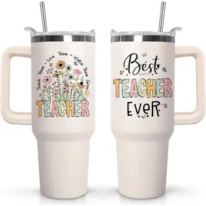 40 oz Teacher Tumbler With Handle, Best Teacher Ever Vacuum Travel Coffee Cup Tumbler, Teacher Appreciation Gifts for Women, Kitchen Drinkware