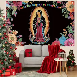 Our Lady of Guadalupe Floral Christmas Banner 1pc 2D Flat Polyester Backdrop for New Year's Holiday Parties Photography Home Wall Decor Christmas Spring Ornaments