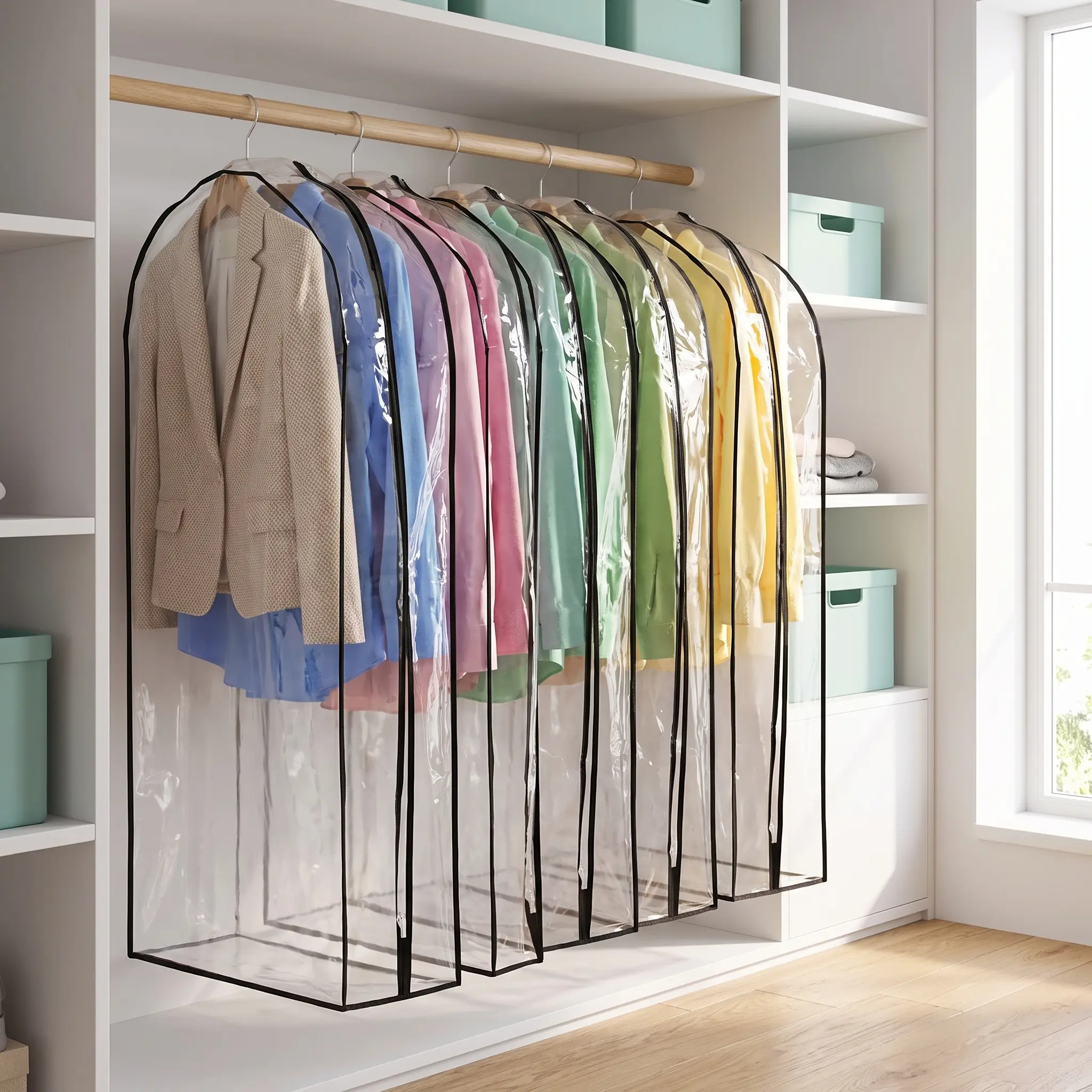 5-Pack Hangable Garment Bags for Hanging Clothes, Dustproof Waterproof Clear Transparent Storage Covers for Sweaters, Jackets, Coats, Dresses, Shirts, Home Organizers