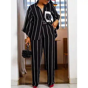 Plus Size Women's 2-Piece Set - Striped Long Sleeve Button-Up Shirt & High-Waist Wide-Leg Pants, Woven Stretch Fabric 120G, Casual City Style