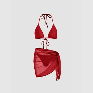 Cider Rib Fabric Halter Neckline Knotted Tie Side Bikini Set With Sarong