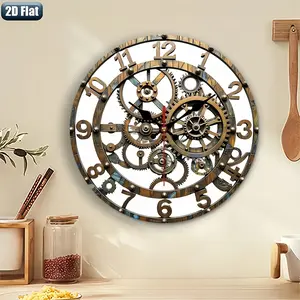 2D flat design. 1 piece set. Retro mechanical gear wall clock, silent decorative wall clock, creative wall clock, suitable for bedroom, living room, and office decoration, 25/30cm (excluding AA batteries), 2D flat version