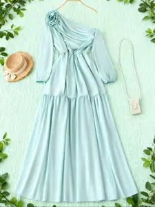 Elegant Plus Size Women's Dress, Asymmetrical Shoulder, Floral Pattern, Pleated Hem, Casual Long Sleeve, Spring & Fall Fashion