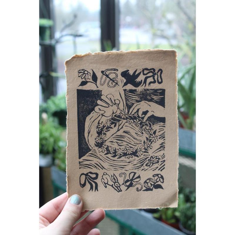 Flower Crown Handmade Linocut Block Print 5x7 Inches - Delicate Linen Paper Artwork with Wildflower Daisy Chain Sewing Girly Bows Perfect for Soft Wall Decor or Gifting
