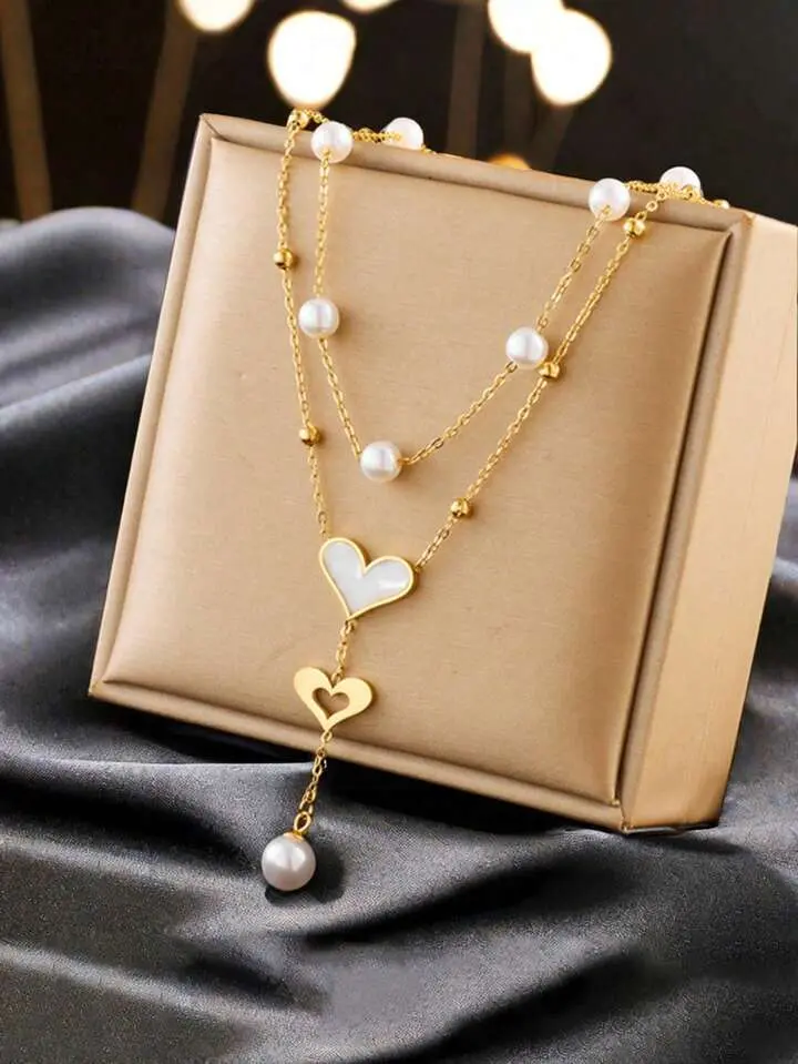 1pc Gold-Plated Stainless Steel Double-Layer Chain Necklace With Heart Faux Pearls And Tassel Details No Box Valentines Mom Mother Mother's Day Gift Durable Jewelry Fashion Jewelry Party