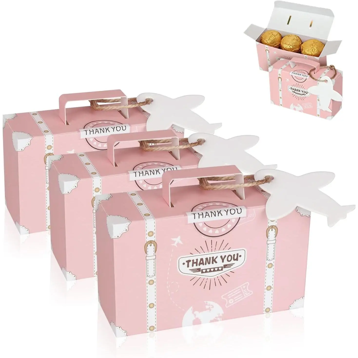 50-Piece Mini Suitcase Party Favor Boxes with Handles, Tags & Twine, Candy Gift Boxes for Valentine's Day, Birthday & Wedding(Pink, Mini)