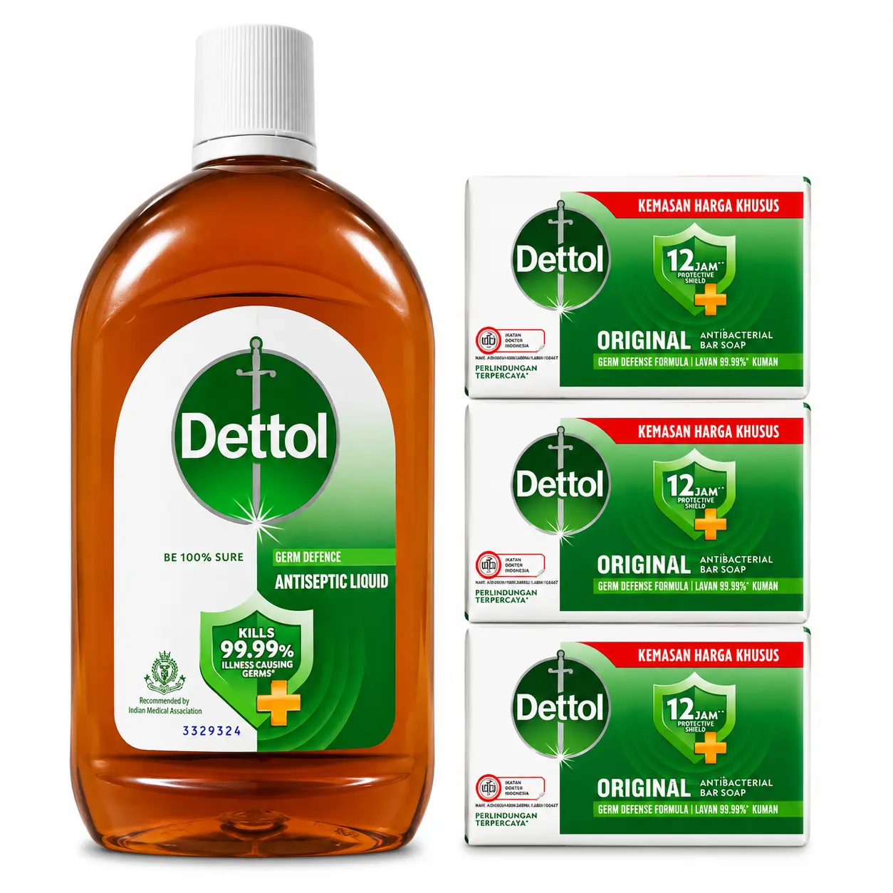 Dettol Germ Defense Liquid (550mL) & 3 Original Bar Soaps (100g Each) - Body Personal Care Bath Cleanser Set