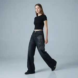Women's Baggy Wide-Leg Jeans Comfortable Relaxed-Fit Washed Black Denim Pants with Y2K Cybersigilism Gothic and Vintage Grunge Embroidery Streetwear