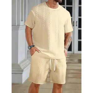 Men's 2-Piece Casual Menswear Set - Polyester Apricot Short-Sleeve Round Neck T-Shirt & Shorts, Knitting Tech, Trendy Street Style, 3D Pyramid Mesh Twisted Texture