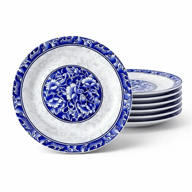 6pcs Blue and White 8inch Porcelain Flat Plate Classic Chinese Style Ceramic Dinner Plate Featuring Traditional Floral Pattern Elegant Chinoiserie Tableware for Dining Kitchen Home Decor Vintage Oriental Blue White Dish
