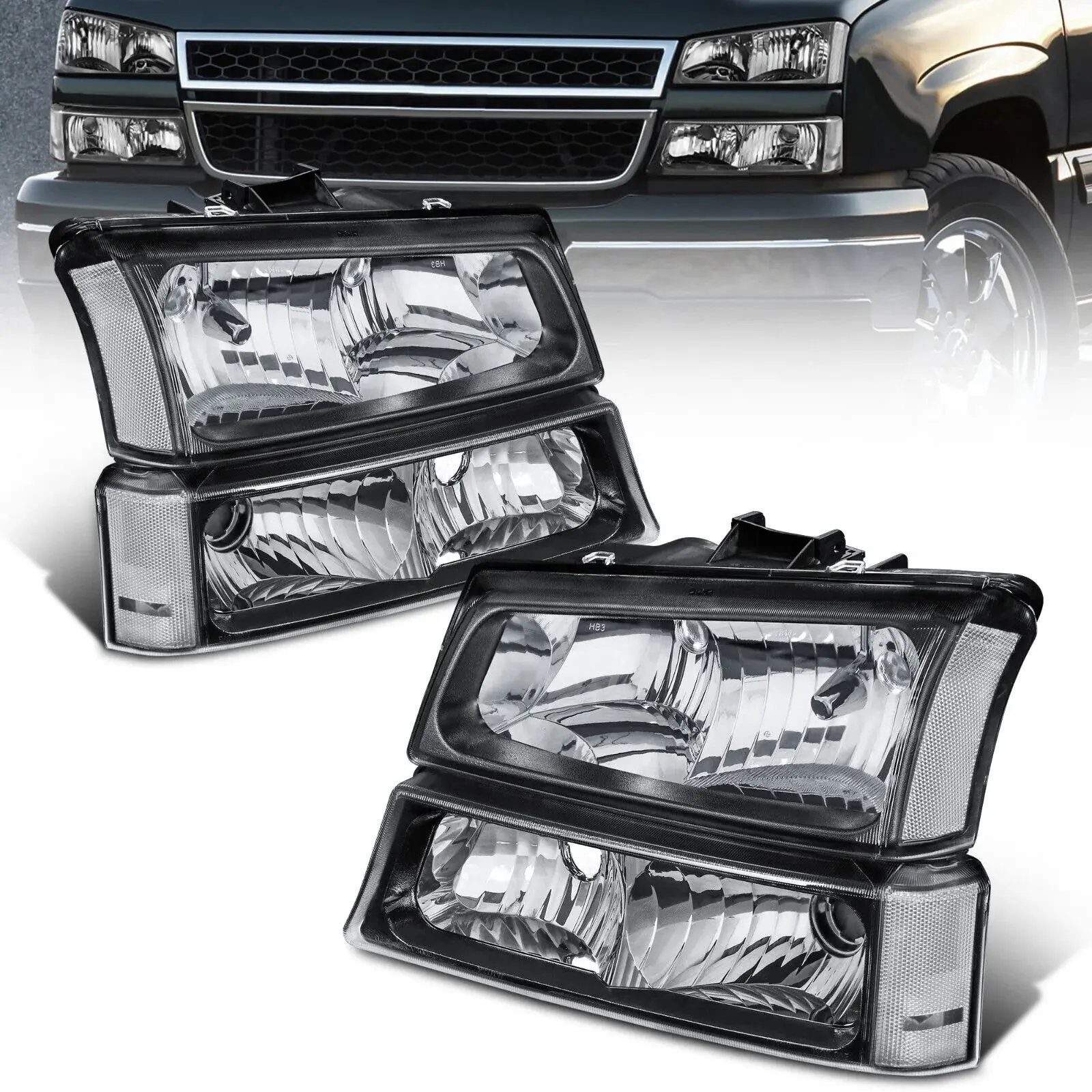 MOSTPLUS Headlight Assembly For 2003-2006 Chevy Silverado Avalanche 1500/2500/3500 with Black Housing/Transparent Lens/Transparent Cornor