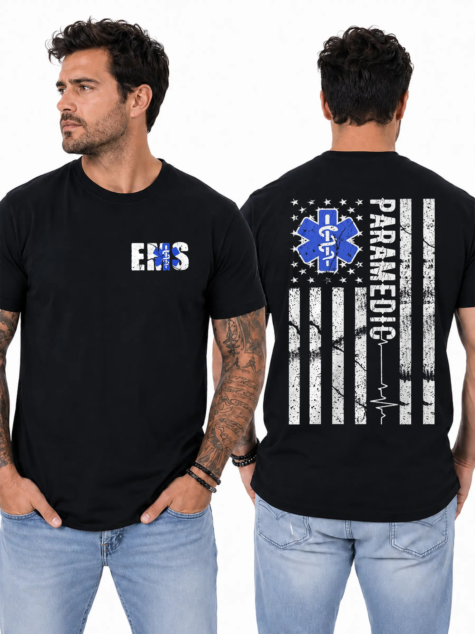 Women's Short-Sleeve Casual Classic Round Neck EMS Paramedic T-Shirt - Thin Blue Line American Flag Star of Life Graphic, Rescue Pride Appreciation Gift for First Responders