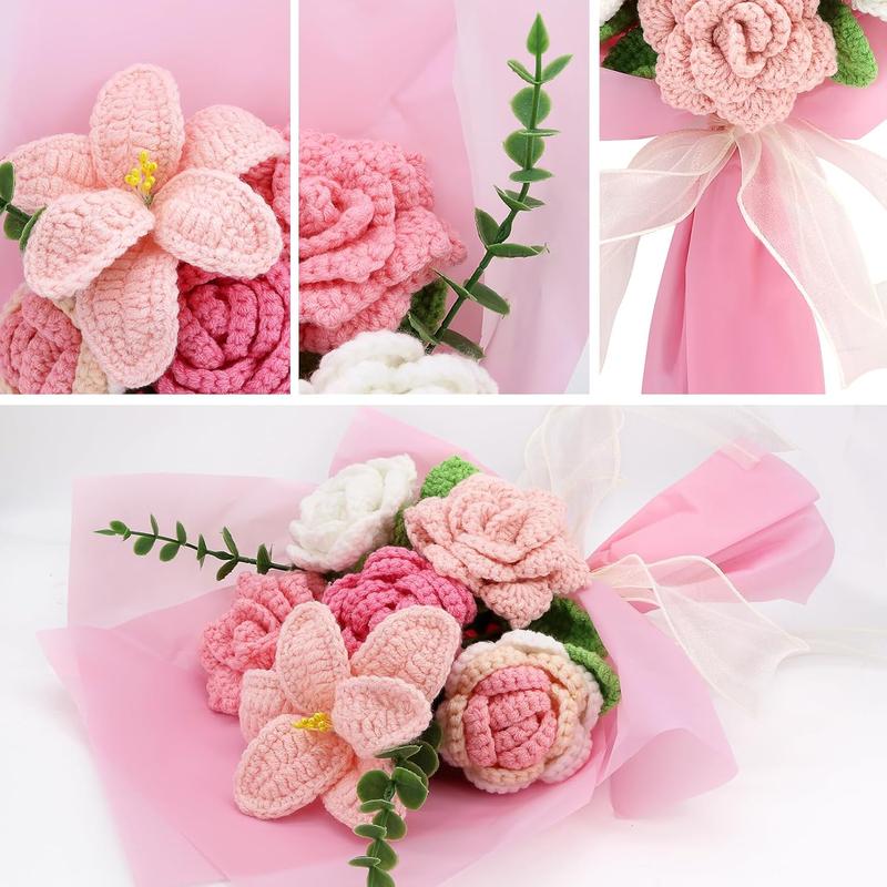 Handmade Crochet Sunflowers Rose Daisy as a  for Lover, Family,Friends. Crochet Bouquet, Crocheted Yarn , Artificial Flower Finished Bouquet (Pink)