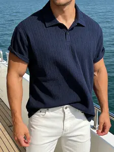 Men's Stretch Knit Jacquard Short Sleeve Polo Shirt, Classic Fit Casual Golf Polo, Comfortable Daily Wear Top for Men