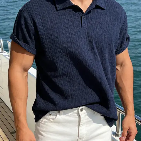 Men's Stretch Knit Jacquard Short Sleeve Polo Shirt, Summer Polo Shirts, Classic Fit Casual Golf Polo, Comfortable Daily Wear Top for Men