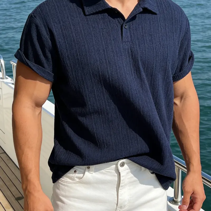 Men's Stretch Knit Jacquard Short Sleeve Polo Shirt, Summer Polo Shirts, Classic Fit Casual Golf Polo, Comfortable Daily Wear Top for Men