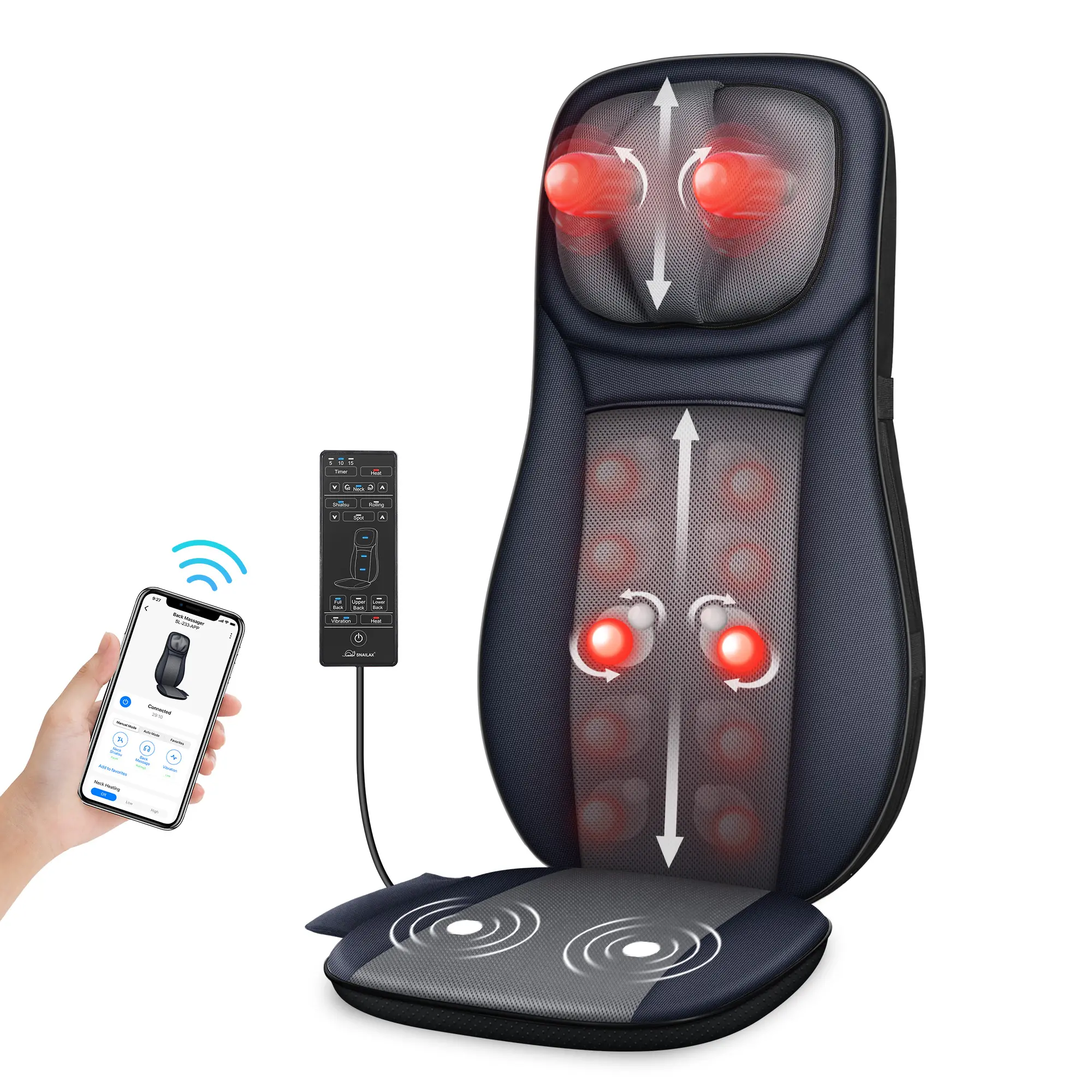 Snailax Shiatsu Deep Tissue Massager Chair Pad with Heat, Vibration & APP Control - Adjustable Rolling Neck & Back Relaxation Aid for Office Chair with Strap
