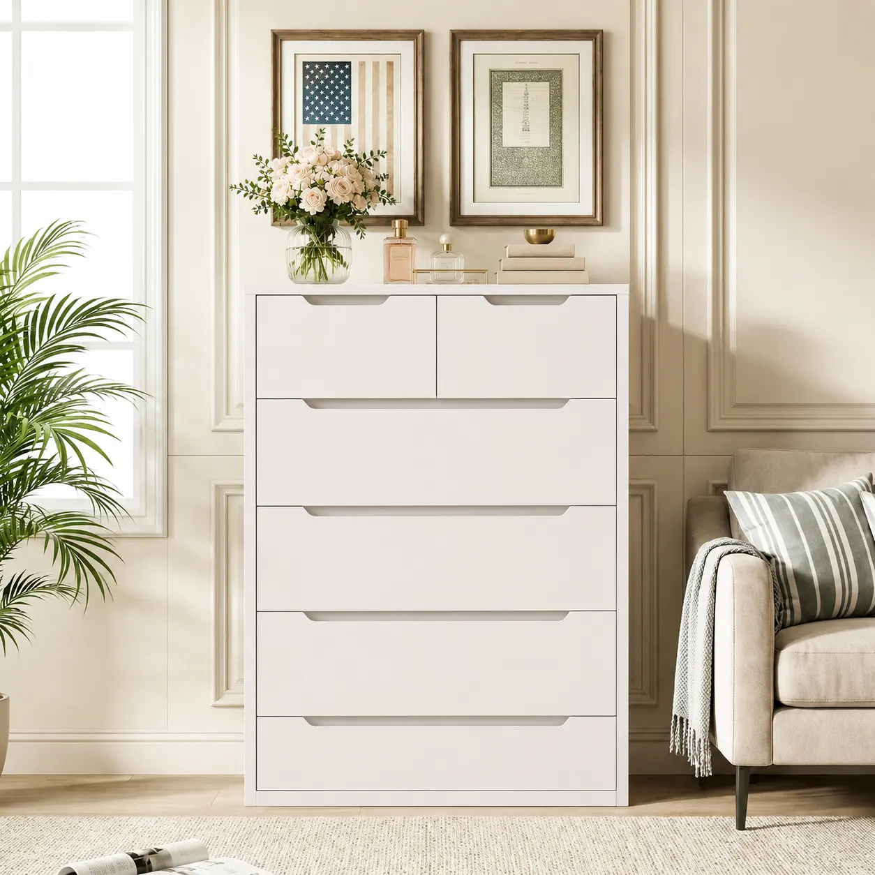 【24H Online Help】Raybeefurniture Modern Wood Dresser with 4/5/6 Deep Drawers, Stylish Storage Cabinet & Chests of Drawers, Tall Dresser with Smooth Metal Rail, Perfect White Storage Organizer & Home Decor for Bedroom, Cloet, Living Room