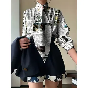 Chic Polyester Newspaper Print Blouse - Elegant Long Sleeve Office Top with Stand Collar, Available in S to 2XL Shirts Womenswear Winter Comfort Casual Fabric