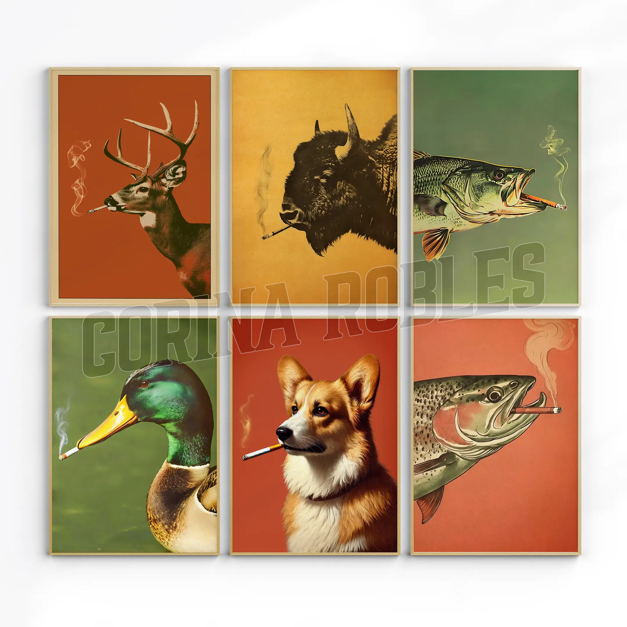 Animal Smoking with Mallard Vintage Poster Unframed, Art Funny Retro Whimsical Print, Cabin Wall Decor Outdoor Illustration, Gift for Dad, Unique Gift