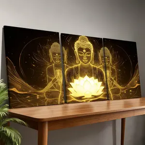 3-Pack Wood Frame Canvas Art Posters, Buddha & Lotus Theme, Modern Home Decor, Living Room Wall Art, Bedroom, Office, Hallway