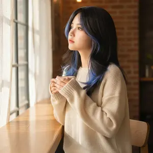 Medium Length Layered Wigs Black with Blue Highlight Layered Wig with Bangs Wolf Tail Cut Punk Synthetic Wig for Women Cosplay Halloween Daily Wear