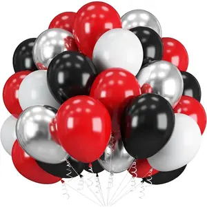 Red Black Balloons, 60 Pcs 12 Inch Double Stuffed Red Matte Black White Balloon with Metallic Silver Balloon for Graduation Prom New Year Anniversary Birthday Wedding Poker Card Party Decoration