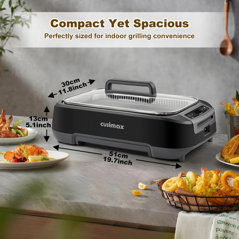 CUSIMAX Smokeless Indoor Grill 1500W Electric Korean BBQ with LED Display & Tempered Glass Lid Non-stick Removable Plate Turbo Smoke Extractor Black New Model grill rack electric mini