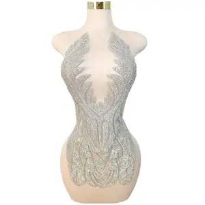 Elegant Silver Beaded Applique Bodice for Formal Evening Dresses Custom Handmade Rhinestone Embellishment Mesh Design for Bridal Prom and Party Wear