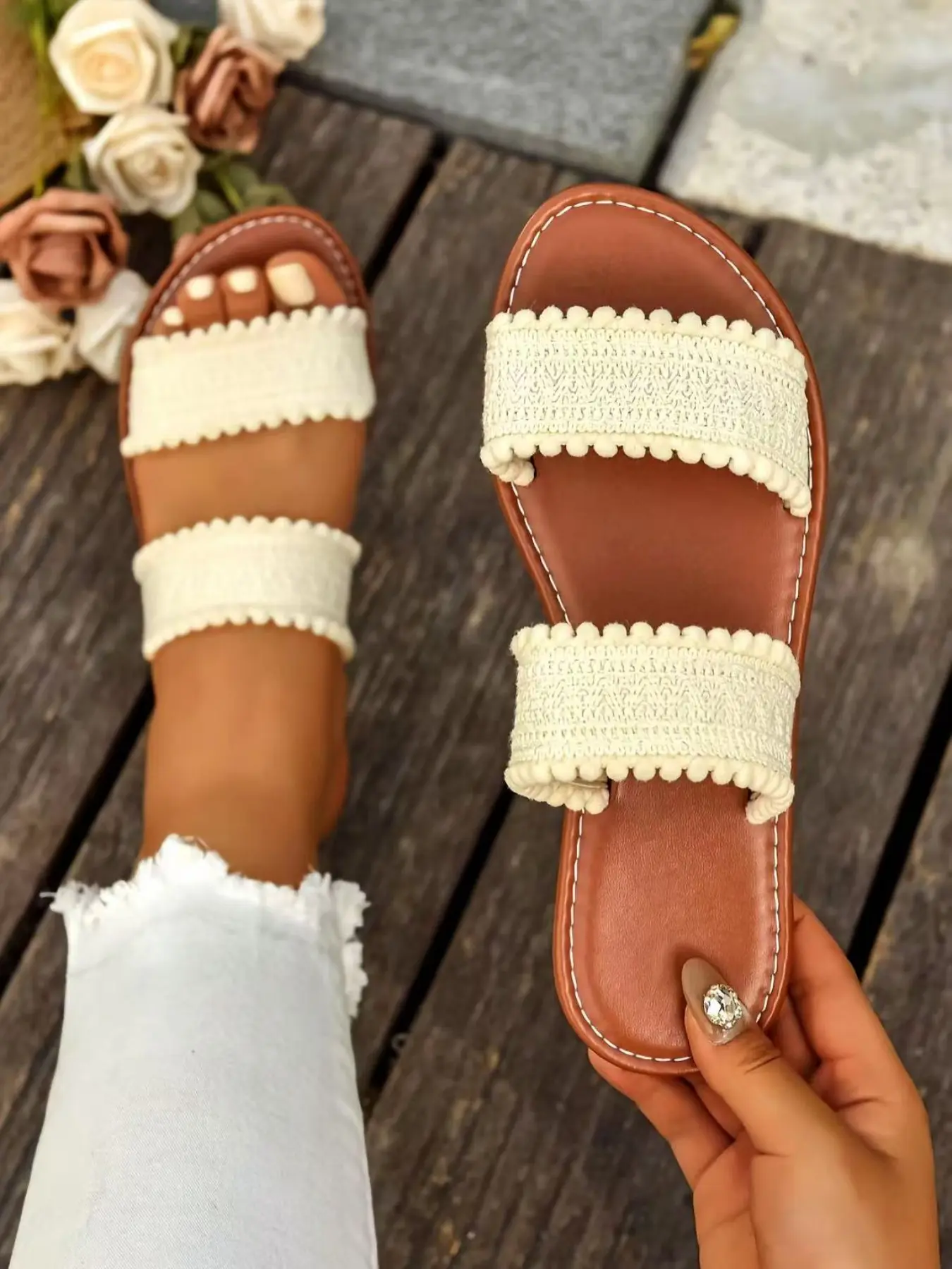 Women's Fashionable Plain Color Crochet Slides, Colorblock Design Slides, Casual Comfortable Summer Slippers, Lightweight Breathable Beach Vacation Footwear, Casual Beach Shoes, Minimalist Rubber Sandals, Boho Style Sandals, Elegant Sandals