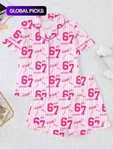 Striped Fitted Pajama Set, Fire-Retardant Button-Front Ruffled Shirt & Elastic-Waist Shorts, Casual Cartoon Print Sleepwear