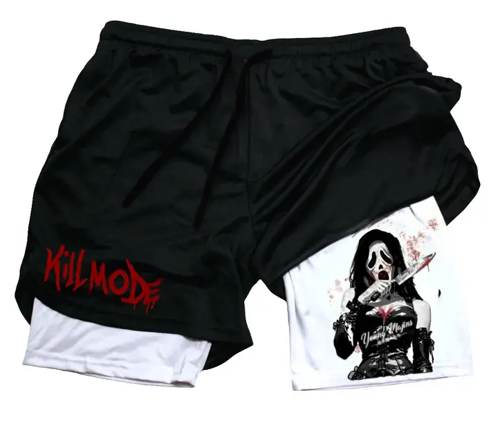 Men’s Ghost Face Halloween Gym Shorts – Slasher Inspired Spooky Graphic Athletic Shorts, Breathable Workout Running Fitness Activewear
